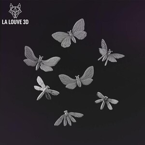 May include: A group of grey insect models, including butterflies and dragonflies, displayed on a dark background. The models are intricately detailed, showing wings and body segments. The text "LA LOUVE 3D" is visible in the upper left corner.