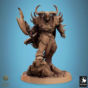 May include: A detailed brown figurine of a skeletal warrior in ornate armor, holding a large axe. The figure has large horns and is posed on a rocky base. The base has the text "Bastion Purity" and the Rescale logo.