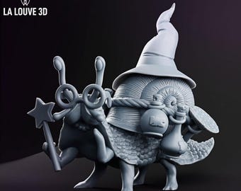 May include: A 3D-printed figurine of a snail wizard, wearing a pointed hat and round glasses, holding a star-shaped wand. The snail carries potion bottles and a rope-like detail around its shell. The figurine is gray and set against a dark background.