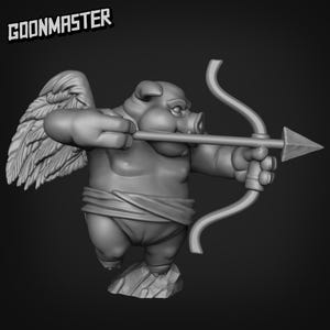 May include: A grayscale sculpture of a pig-like creature with wings, holding a bow and arrow. The figure is posed as if aiming the arrow. The word "GOONMASTER" is printed in a stylized font at the top.