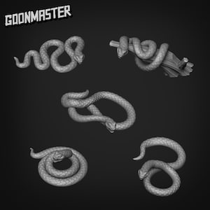 May include: Five different poses of a grey snake figurine. The snake is curled up in a variety of positions, including a coiled position, a straight position, and a position where it is wrapped around a branch.
