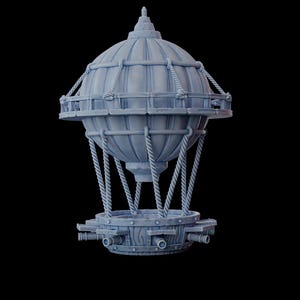 May include: A light blue model of a hot air balloon. The design includes a detailed basket, ropes, and a decorative top. The balloon features a round basket with multiple cylindrical features and a detailed top.