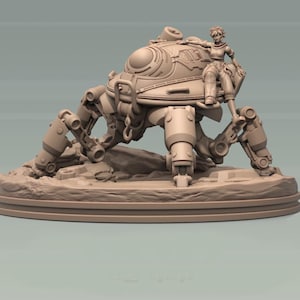 May include: A tan-coloured model of a futuristic mechanical walker with multiple legs and a rounded body. A figure is seated on top. The model is set on a circular base with a textured surface.