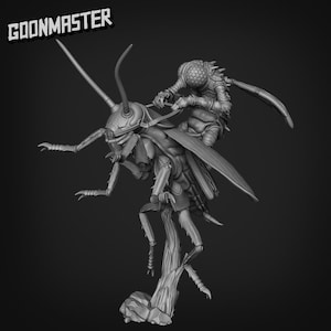 May include: A grayscale 3D-printed sculpture featuring a large insect with wings, ridden by a smaller insect-like creature. The sculpture is mounted on a tree-like base. The word "GOONMASTER" is printed in the upper left corner.