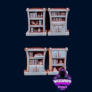 May include: Four miniature wooden bookshelves, each with two shelves filled with books, bottles, and a skull. The shelves have a light blue painted finish with decorative hardware. The bottom right shelf has a logo that says "Wizards & Heroes & Beasts".