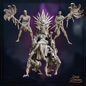 May include: A detailed sculpture featuring a seated figure on a throne, flanked by skeletal figures holding ornate staffs. The throne is supported by multiple figures. The Great Grimoire logo is visible in the bottom right corner.