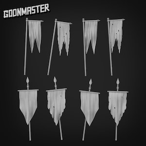 May include: Eight grayscale miniature flags, some with tattered edges, are displayed against a dark background. The flags are mounted on poles, with some featuring a spear-like top. The word "GOONMASTER" is printed at the top.