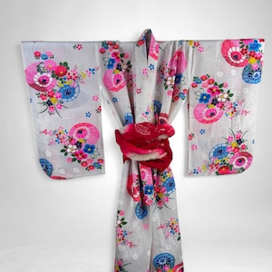 Kids Vintage Japanese Yukata, Yukata Japonaise Vintage Enfant, Colorful Umbrella & Floral Print, Red Obi, Made in Japan, CYG2053-A