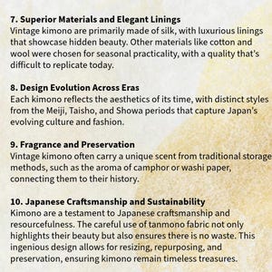 Puede incluir: Texto de un documento sobre kimonos vintage, destacando materiales superiores, evoluci&oacute;n del dise&ntilde;o, fragancia y conservaci&oacute;n, y artesan&iacute;a japonesa. Texto negro sobre fondo beige claro.