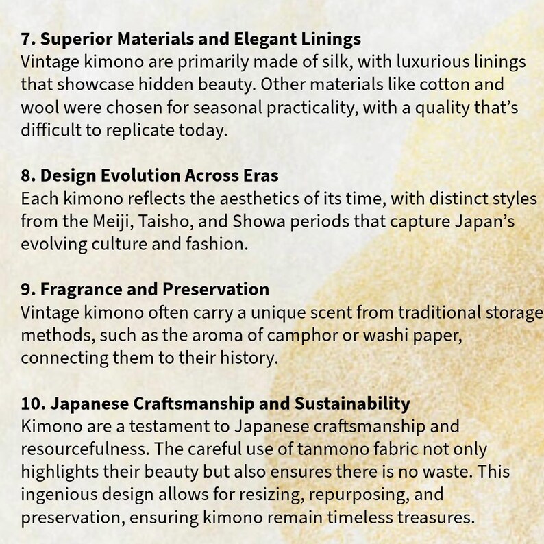 Puede incluir: Texto de un documento sobre kimonos vintage, destacando materiales superiores, evoluci&oacute;n del dise&ntilde;o, fragancia y conservaci&oacute;n, y artesan&iacute;a japonesa. Texto negro sobre fondo beige claro.