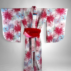 Kids Vintage Japanese Yukata, Yukata Japonaise Vintage Enfant, Colorful Kikyo Floral Print, Red Obi, Made in Japan, CYG2067-A