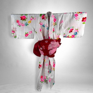 Kids Vintage Japanese Yukata, Yukata Japonaise Vintage Enfant, Colorful Floral Print, Red Obi, Made in Japan, CYG2051-A