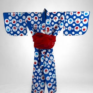Kids Vintage Japanese Yukata, Yukata Japonaise Vintage Enfant, Fruit Print on Blue, Red Obi, Made in Japan, CYG2072-A