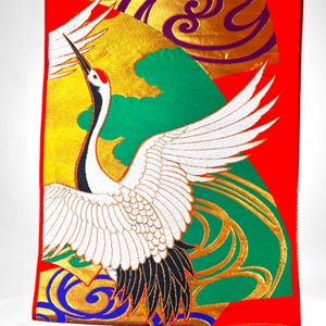 Vibrant Vintage Japanese Obi Panel with Cranes and Gold Embroidery, Red Silk,  15&quot; × 88&quot; Made in Japan, S2135A