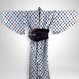 Kids Vintage Japanese Yukata, Yukata Japonaise Vintage Enfant, Multicolor Grid Pattern, Brown Shibori Obi, Made in Japan, CYB2062-A