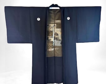 Haori japonés vintage, chaqueta kimono japonesa de seda, chaqueta kimono para hombre con forro paisajístico, hecha en Japón, MH2119A