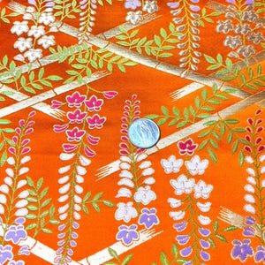 Vintage Japanese Silk Panel with Wisteria & Gold Trellis, Vermilion Kimono Textile, Unused Fabric for Craft, Made In Japan, S2148A
