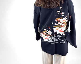 Chaqueta de kimono vintage japonesa, haori negro con diseños vibrantes, hermosa túnica vintage, kimono tradicional clásico, hecho en Japón, n.° BH1004