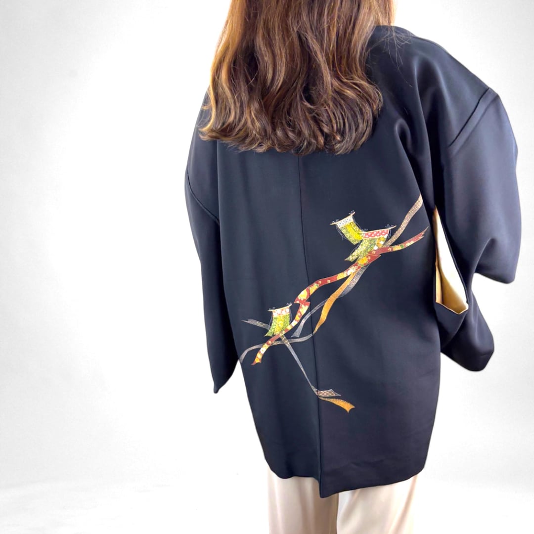 Japanese Kimono Haori Jacket, Black Haori With Vibrant Designs ...