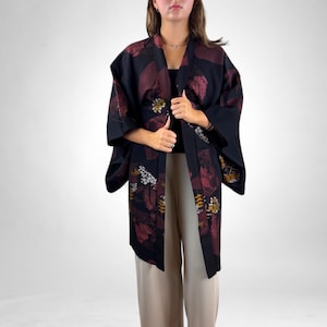 Japanese Kimono Haori Jacket, Black Haori With Vibrant Designs, Luxury Silk Haori with Lacquer Weaving, Made In Japan, #BH1009