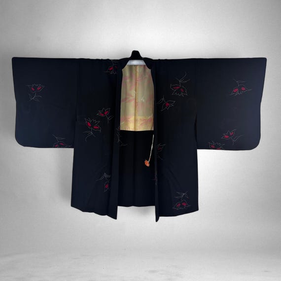 Japanese Vintage Kimono Jacket,black Haori With Vibrant Designs