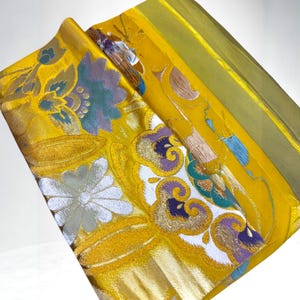 Vintage Japanese Gold Brocade Silk Fabric Remnant, Floral Obi Textile, Unused Kimono Material, Gorgeous & Bright, S2143A