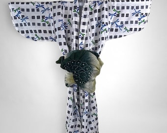 Niños Vintage Japonés Yukata, Yukata Japonaise Vintage Enfant, Dragon Fly, Obi Bleu, Hecho en Japón, CYB2041-A