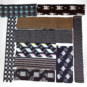 Vintage Japanese Kasuri Strip Set – 10 Indigo Boro Fabrics, Mid-Century Kofu Scrap Textiles, Japan Stoff, Tissu Japonais, S2178A