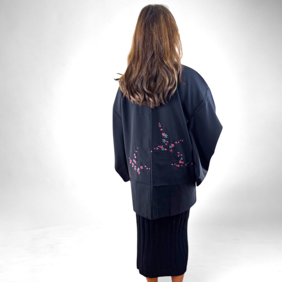 Japanese Kimono Haori Jacket, Black Haori With Vibrant Designs ...