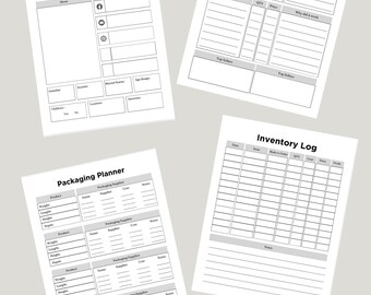 May include: Black and white printable business planner forms for inventory, product evaluation, and packaging planning. The forms include sections for product name, quantity, price, weight, length, depth, supplier, cost, and notes.