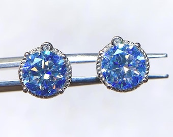 Blue Moissanite Stud Earrings: Dainty Sterling Silver Solitaire Jewelry