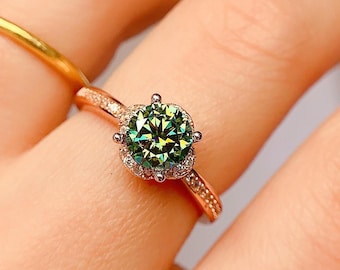 Green Moissanite Ring: Rose Gold Sterling Silver Solitaire, 1 Carat