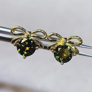 Moissanite Bow Studs - Green Moissanite Stud Earrings - Silver Studs with Moissanite - Green Moissanite Earrings - Total 2 Ct Moissanites