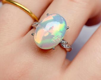 Natural Opal Sterling Silver Ring • Handmade Iridescent Gemstone, Boho Style