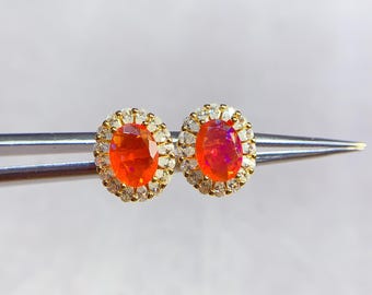 Mexican Fire Opal Studs: Sterling Silver, October Birthstone