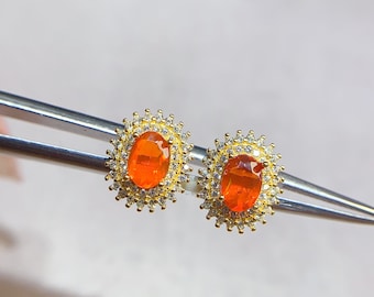 Mexican Fire Opal Studs: Sterling Silver, October Birthstone