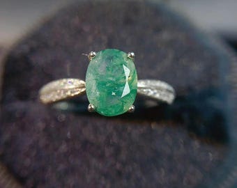 Oval Moss Agate Ring: Sterling Silver Gemstone Ring (6x8 mm)