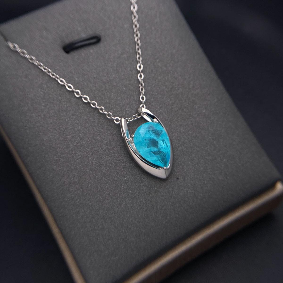 Pendentif Argent 925 Tourmaline Paraiba Naturelle En Forme De Poire - Certifié, Sans Chaîne
