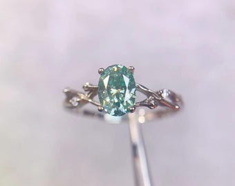 Dainty Oval Green Moissanite Ring - Anniversary Gift