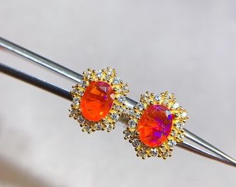 Orange Opal Studs: Sterling Silver Mexican Fire Opal Earrings