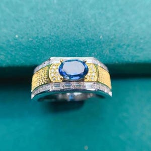 Anello con topazio blu naturale - Anello con topazio blu - Anello in argento con topazio - Anello da uomo - Pietra preziosa naturale con topazio - Anello in argento bicolore - Anello fatto a mano