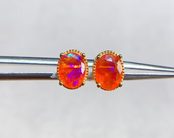 Orange Opal Studs: Sterling Silver Mexican Fire Opal Earrings