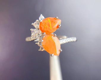 950シルバー製の大きなメキシコ産ファイアオパールリング、一点ものの