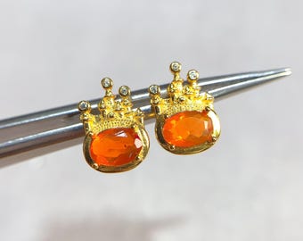 Mexican Fire Opal Studs: Sterling Silver Orange Opal Earrings