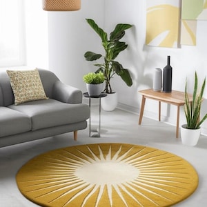 Golden Sunburst Round Hand-Tufted Premium Wool Rug | Modern Mid-Century Soft Touch Luxury Rug for Living Room Bedroom