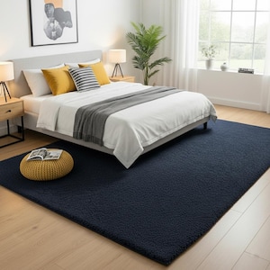 Solid Navy Blue Hand Tufted Wool Rug: Modern Minimalist Heavy Traffic Area Rug