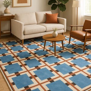 Modern Blue Geometric Rug | Hand-Tufted New Zealand Wool Area Carpet | Mid-Century Grid Pattern Rug for Living Room & Bedroom