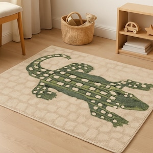 Luxury Art Hand-Tufted Premium Wool Alligator Rug | Playful Animal Design Area Rug for playrooms, nursery spaces, or safari-themed decor