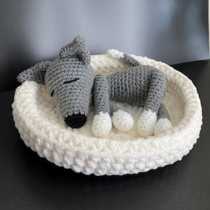 Greyhound Dog Snoozing in Bed - Handmade Crochet Set