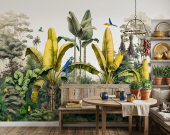 Vibrant Yellow and Jungle Green Tropical Wallpaper, Blue Macaw Parrot Mural, Botanical Banana Leaf Decor, Peel and Stick Wallpaper